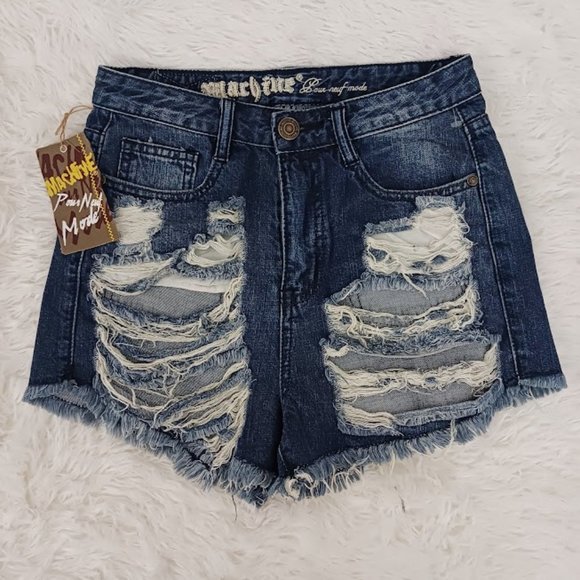 Machine Nouvelle Mode Womens Blue Jean Shorts Size 28 Distressed Italy NWT - Picture 1 of 10